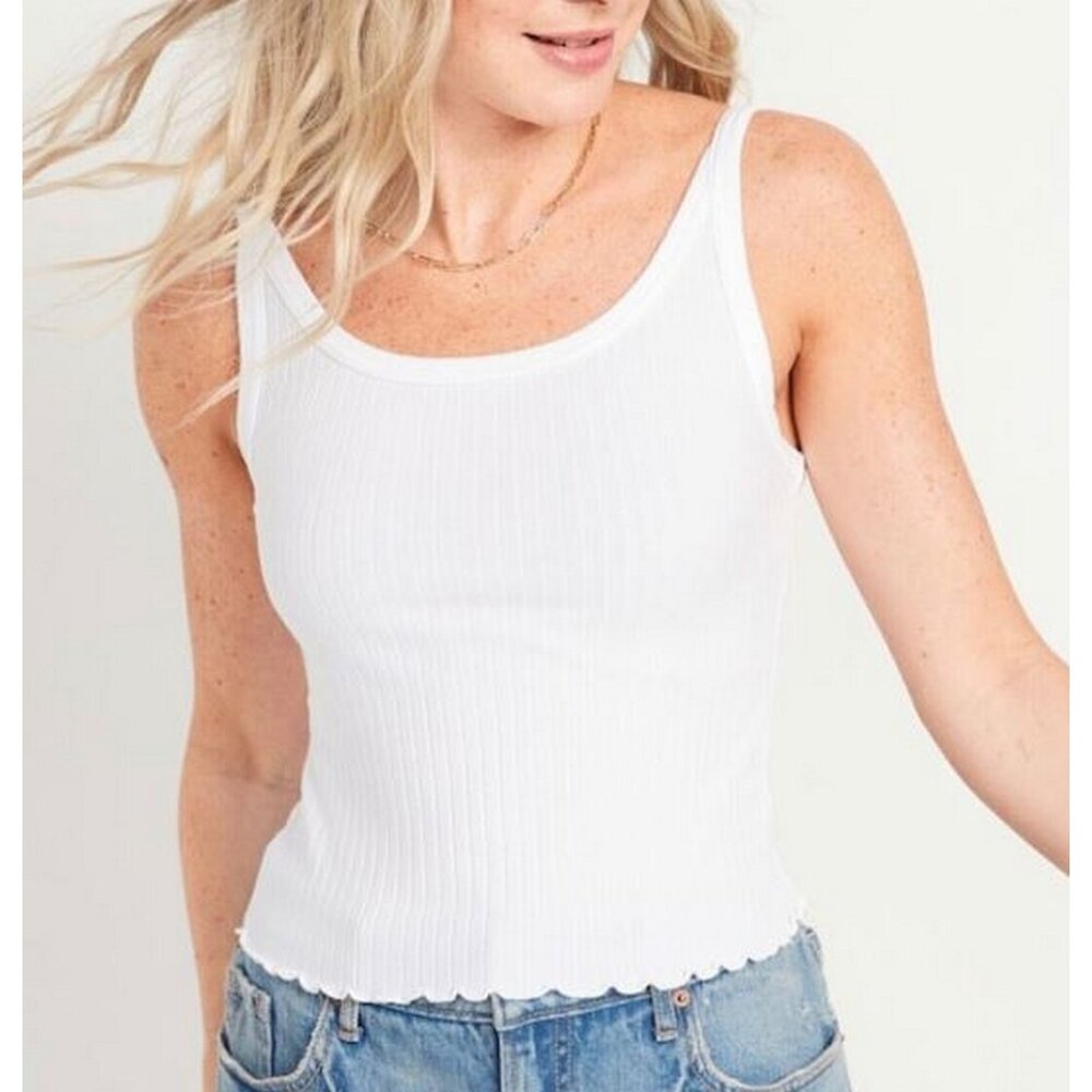Old Navy Cropped Tank Top Size 3XL White Fitted Lettuce-Edge Rib-Knit